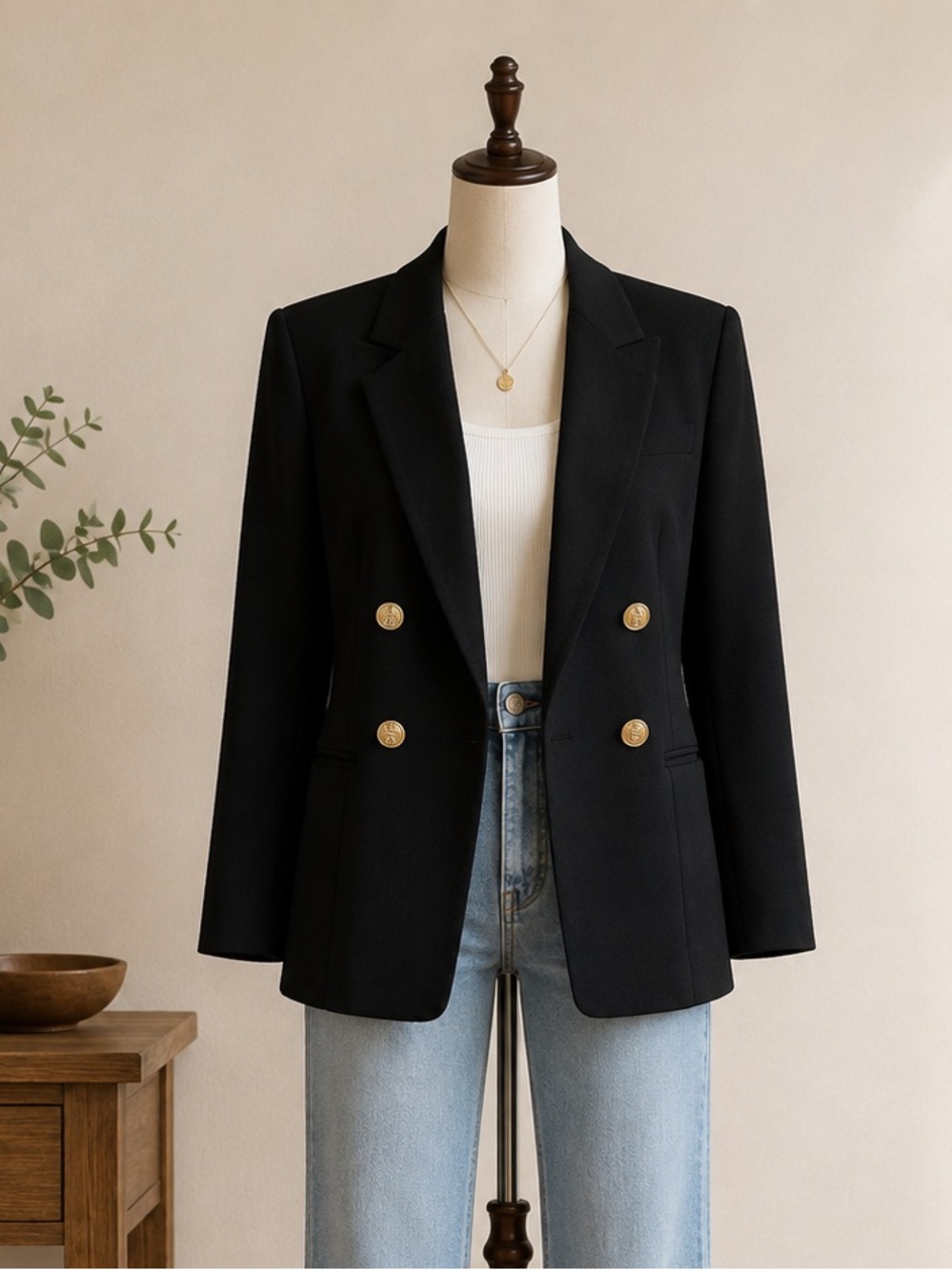 Vintage 80s 100% Wool Black Blazer Gold Crest Buttons Old Money Preppy